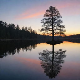 An enchanting sunset over a calm, mirror-like lake, with the silhouette of a lonely pine tree on the shore