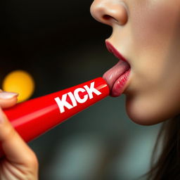 A highly detailed close-up photograph of a woman's mouth facing to the right side, playfully licking a red baseball bat