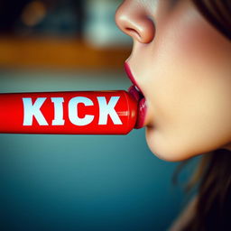 A highly detailed close-up photograph of a woman's mouth facing to the right side, playfully licking a red baseball bat