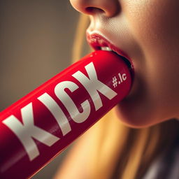 A highly detailed close-up photograph of a woman's mouth facing to the right side, playfully licking a red baseball bat