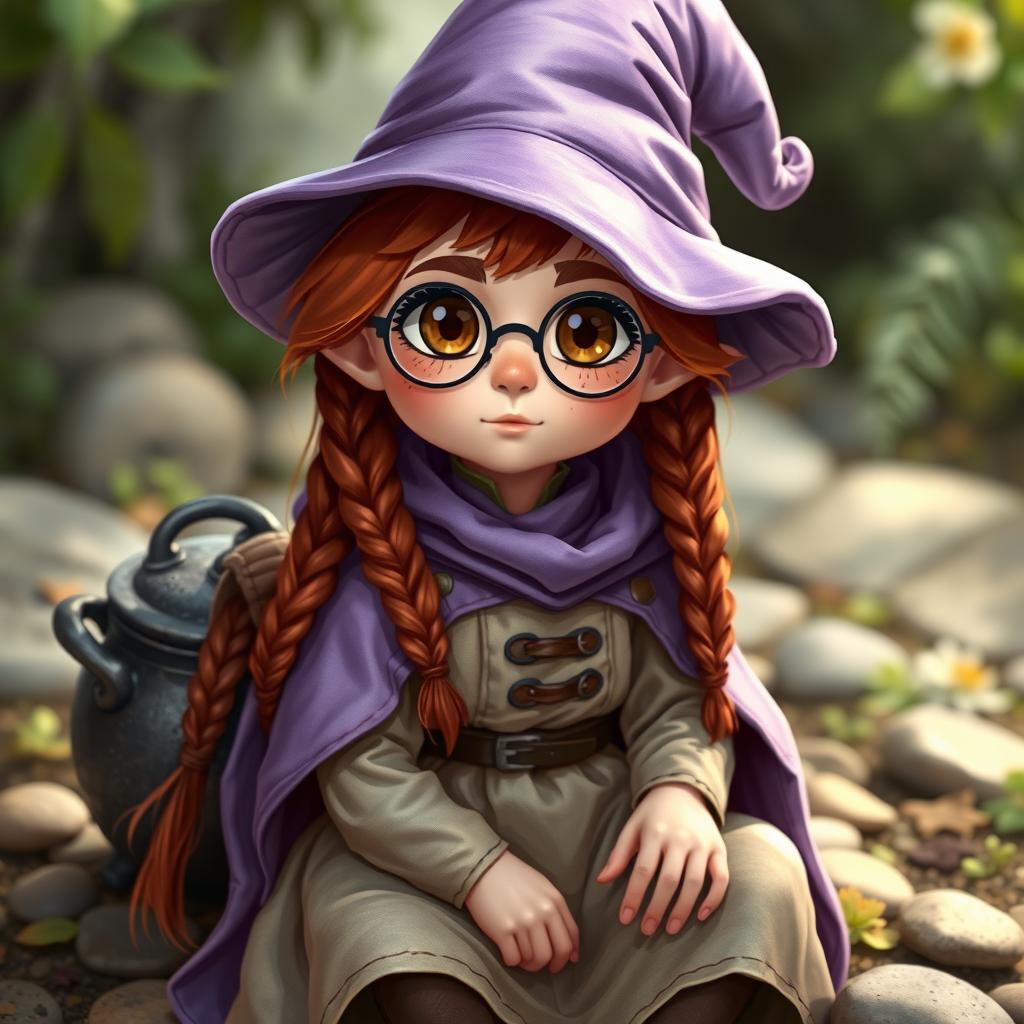 A halfling mage character from a fantasy RPG, with braided reddish-brown hair, large light brown eyes, and a fair rosy complexion adorned with freckles