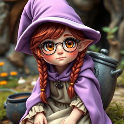 A halfling mage character from a fantasy RPG, with braided reddish-brown hair, large light brown eyes, and a fair rosy complexion adorned with freckles