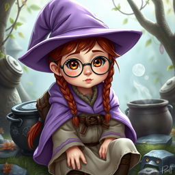 A halfling mage character from a fantasy RPG, with braided reddish-brown hair, large light brown eyes, and a fair rosy complexion adorned with freckles