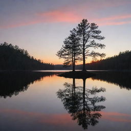 An enchanting sunset over a calm, mirror-like lake, with the silhouette of a lonely pine tree on the shore