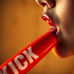 A striking close-up photograph of a woman's mouth facing to the right side, playfully licking a red baseball bat