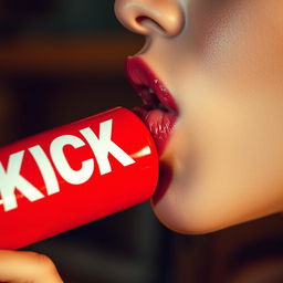 A striking close-up photograph of a woman's mouth facing to the right side, playfully licking a red baseball bat