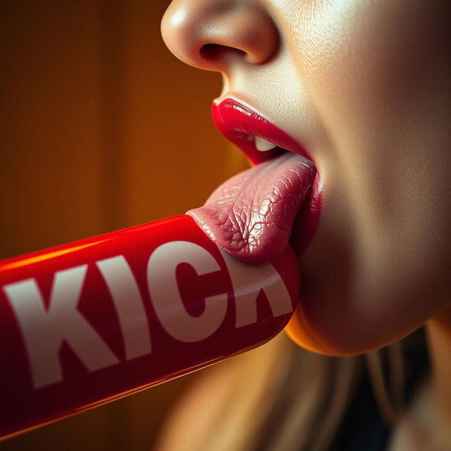 A striking close-up photograph of a woman's mouth facing to the right side, playfully licking a red baseball bat