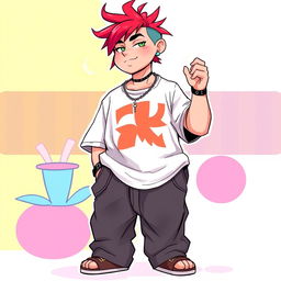 A unique male character with a chubby build and vibrant red hair, characterized by stylish piercings on his ears and nose