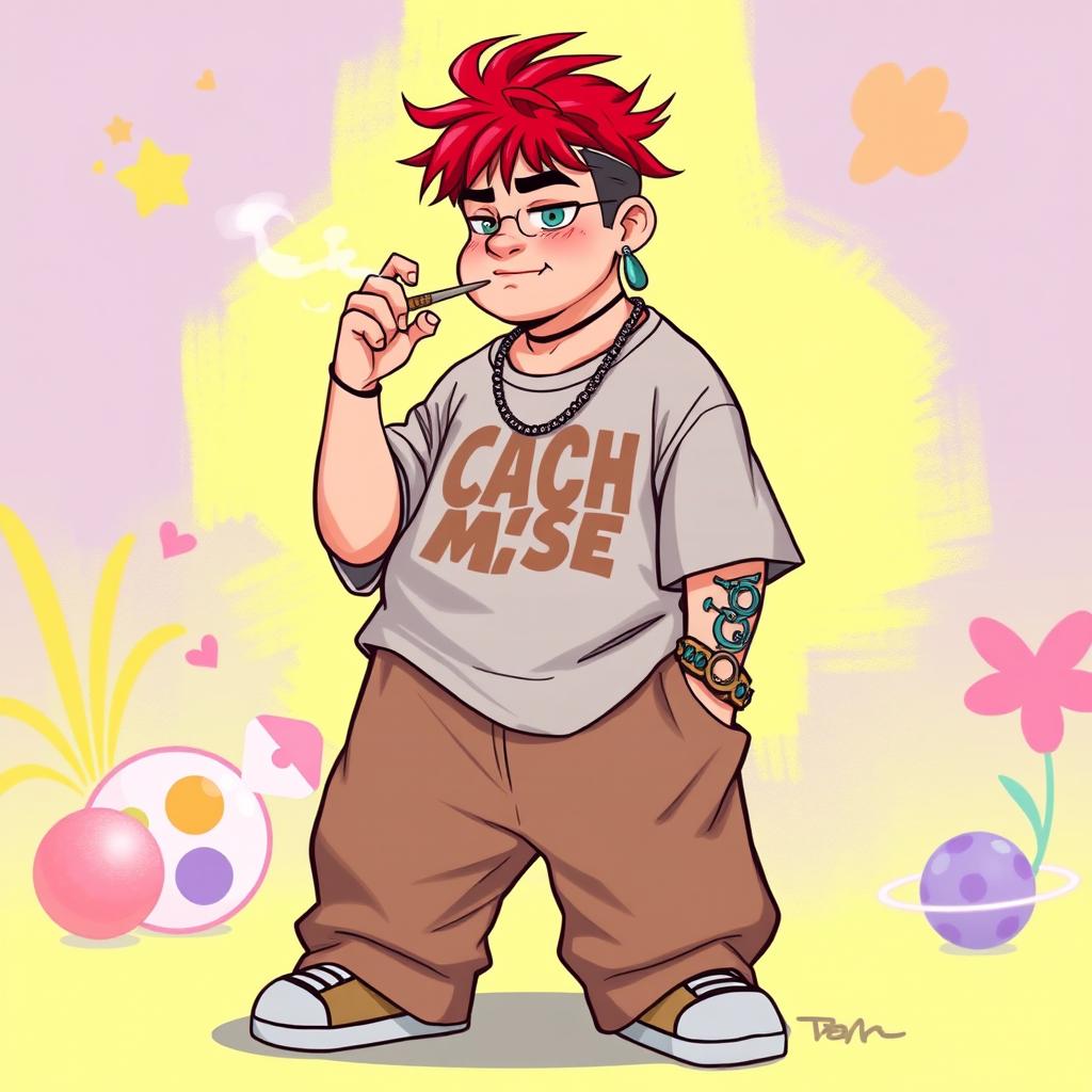 A unique male character with a chubby build and vibrant red hair, characterized by stylish piercings on his ears and nose