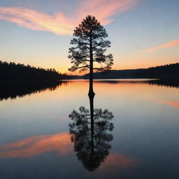 An enchanting sunset over a calm, mirror-like lake, with the silhouette of a lonely pine tree on the shore