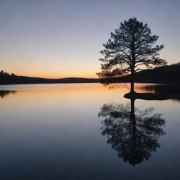 An enchanting sunset over a calm, mirror-like lake, with the silhouette of a lonely pine tree on the shore