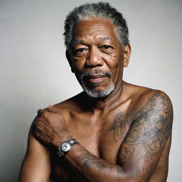 Renowned actor Morgan Freeman in a quirky scenario, getting an intricate tattoo with a calm and composed expression.