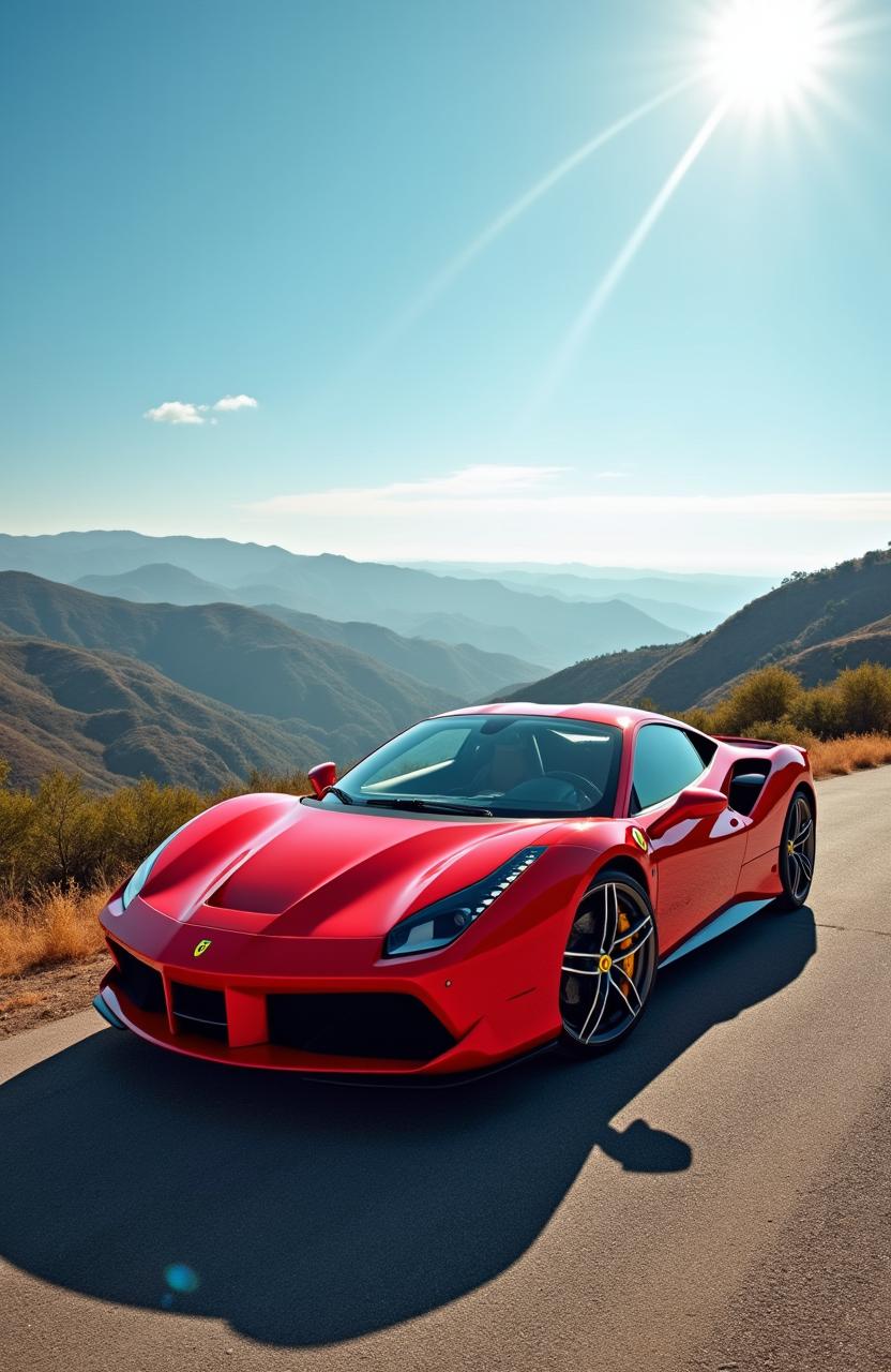 A stunning photograph of a Ferrari, showcasing its sleek lines and vibrant color in an exquisite natural location