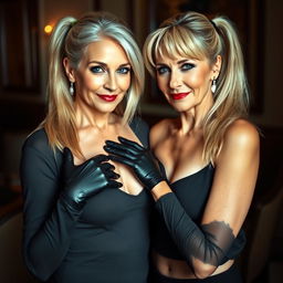 A full body shot of two attractive 60-year-old Caucasian women with long, straight blonde hair styled in ponytails, wearing black latex gloves, in a sensual and elegant pose touching each other's breasts