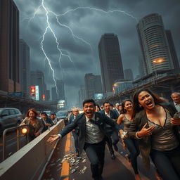 A chaotic scene in Jakarta depicting a dire atmosphere where many rich individuals are becoming refugees