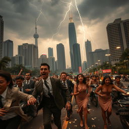 A chaotic scene in Jakarta depicting a dire atmosphere where many rich individuals are becoming refugees