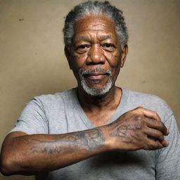 Renowned actor Morgan Freeman in a quirky scenario, getting an intricate tattoo with a calm and composed expression.