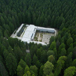 An aerial view of a state-of-the-art maximum-security penitentiary located in the center of a dense forest, surrounded by tall, lush trees.