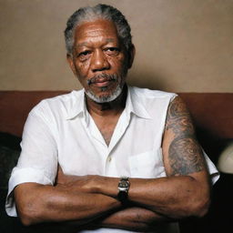 Renowned actor Morgan Freeman in a quirky scenario, getting an intricate tattoo with a calm and composed expression.