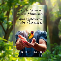 A captivating e-book cover featuring a dramatic scene where a man is gently holding a small, colorful bird in his hands, showcasing a moment of care and connection