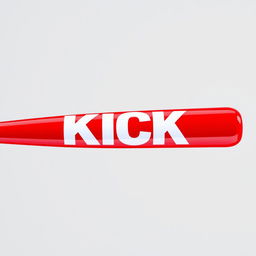 A bright and vivid red baseball bat featuring bold white letters spelling out "KICK" across its surface