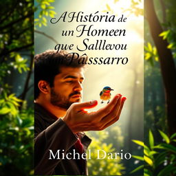 A captivating e-book cover featuring a dramatic scene where a man is gently holding a small, colorful bird in his hands, showcasing a moment of care and connection