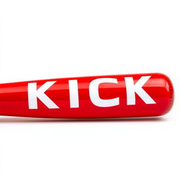 A bright and vivid red baseball bat featuring bold white letters spelling out "KICK" across its surface