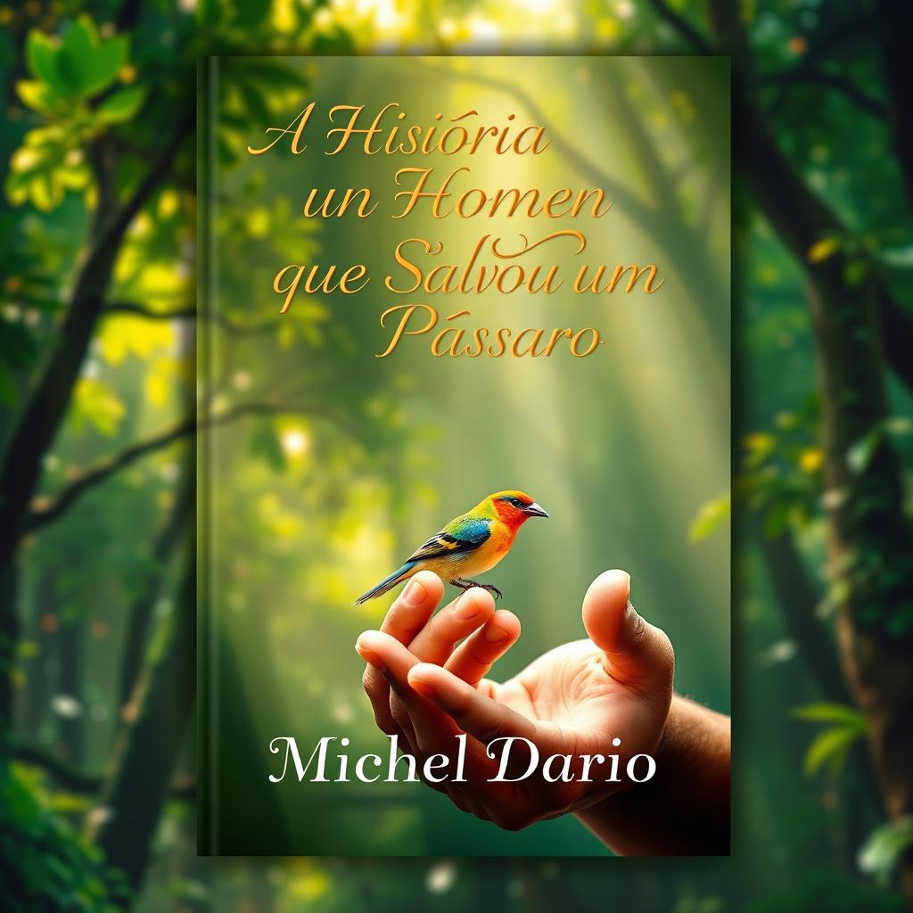 A captivating e-book cover featuring a dramatic scene where a man is gently holding a small, colorful bird in his hands, showcasing a moment of care and connection