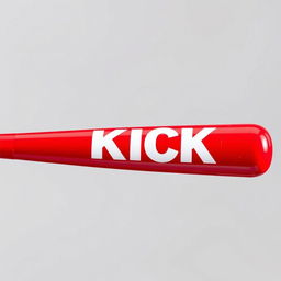 A bright and vivid red baseball bat featuring bold white letters spelling out "KICK" across its surface