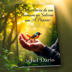 A captivating e-book cover featuring a dramatic scene where a man is gently holding a small, colorful bird in his hands, showcasing a moment of care and connection