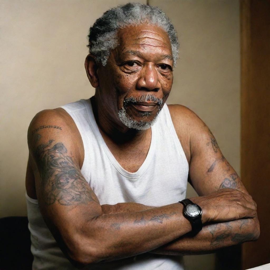 Renowned actor Morgan Freeman in a quirky scenario, getting an intricate tattoo with a calm and composed expression.