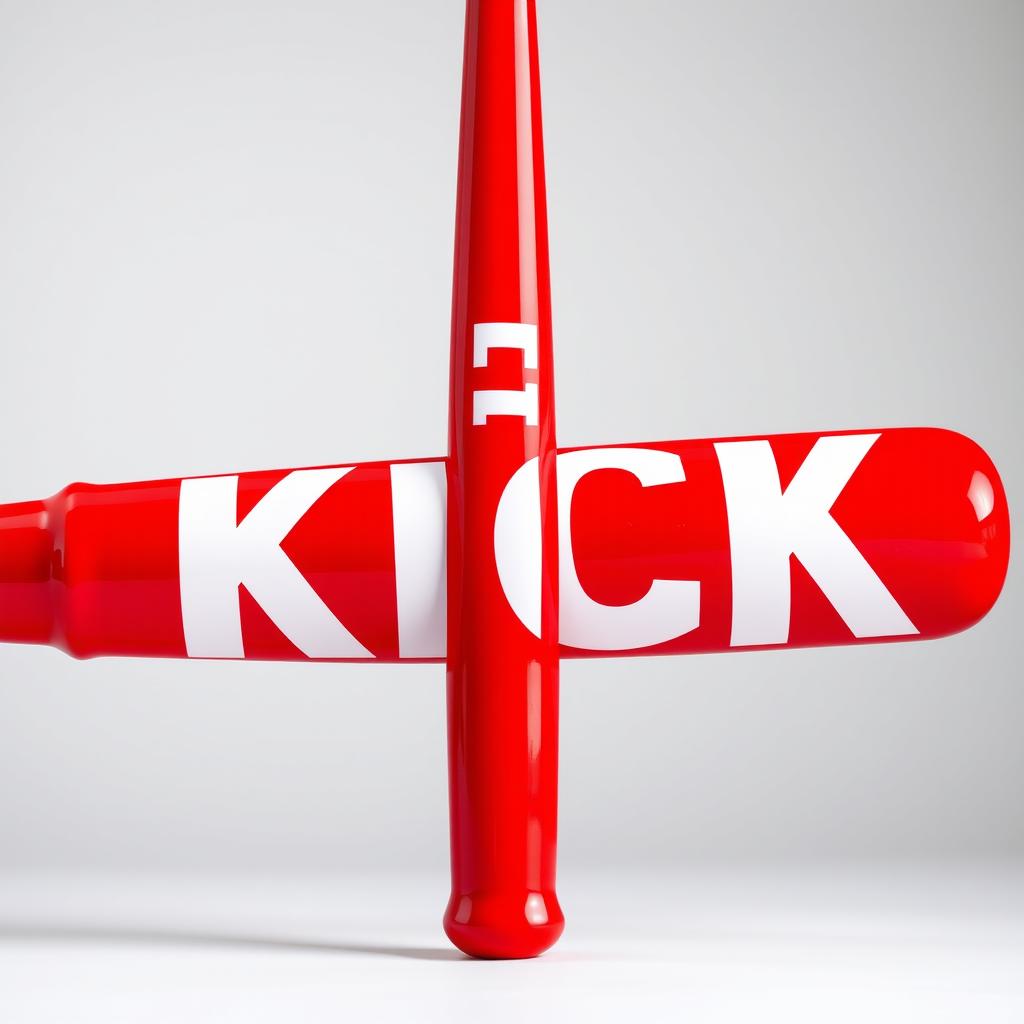 A bright and vivid red baseball bat featuring bold white letters spelling out "KICK" across its surface