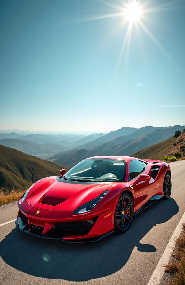 A breathtaking wide-angle photograph of a Ferrari, capturing its sleek lines and vibrant color in a stunning natural location