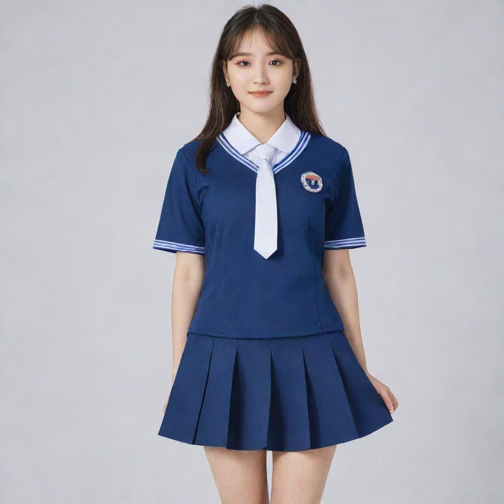 A Korean school uniform in blue color, featuring a school badge with 'MDC' engraved on the right side near the heart area. The uniform includes a mini skirt. Displayed in full-body view.