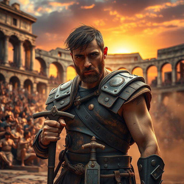 A visually striking representation of a weak gladiator in a vibrant Colosseum setting