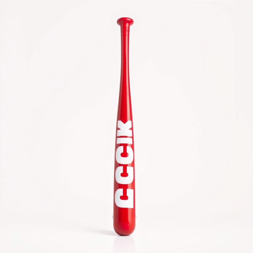 A full view of a vibrant red baseball bat prominently displaying bold white letters that spell out "KICK"