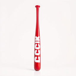 A full view of a vibrant red baseball bat prominently displaying bold white letters that spell out "KICK"