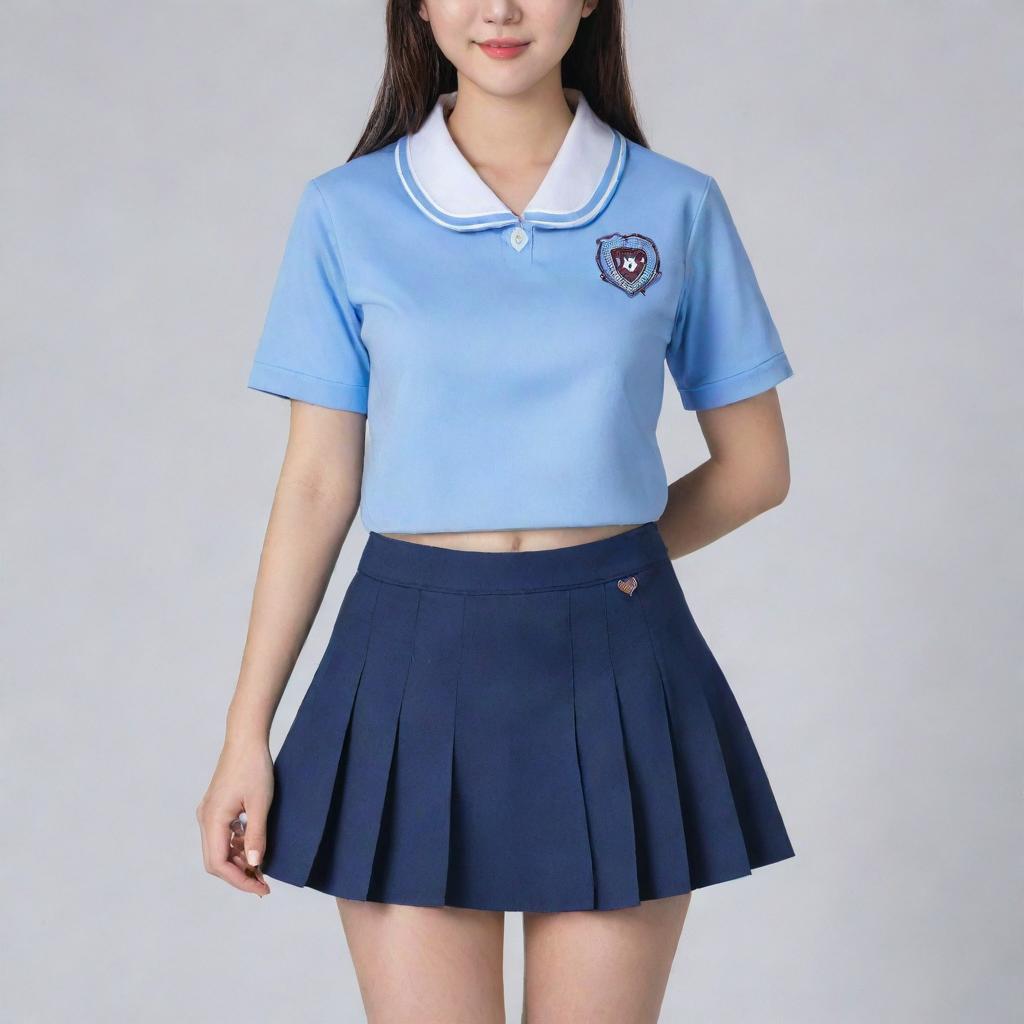 A Korean school uniform in blue color, featuring a school badge with 'MDC' engraved on the right side near the heart area. The uniform includes a mini skirt. Displayed in full-body view.