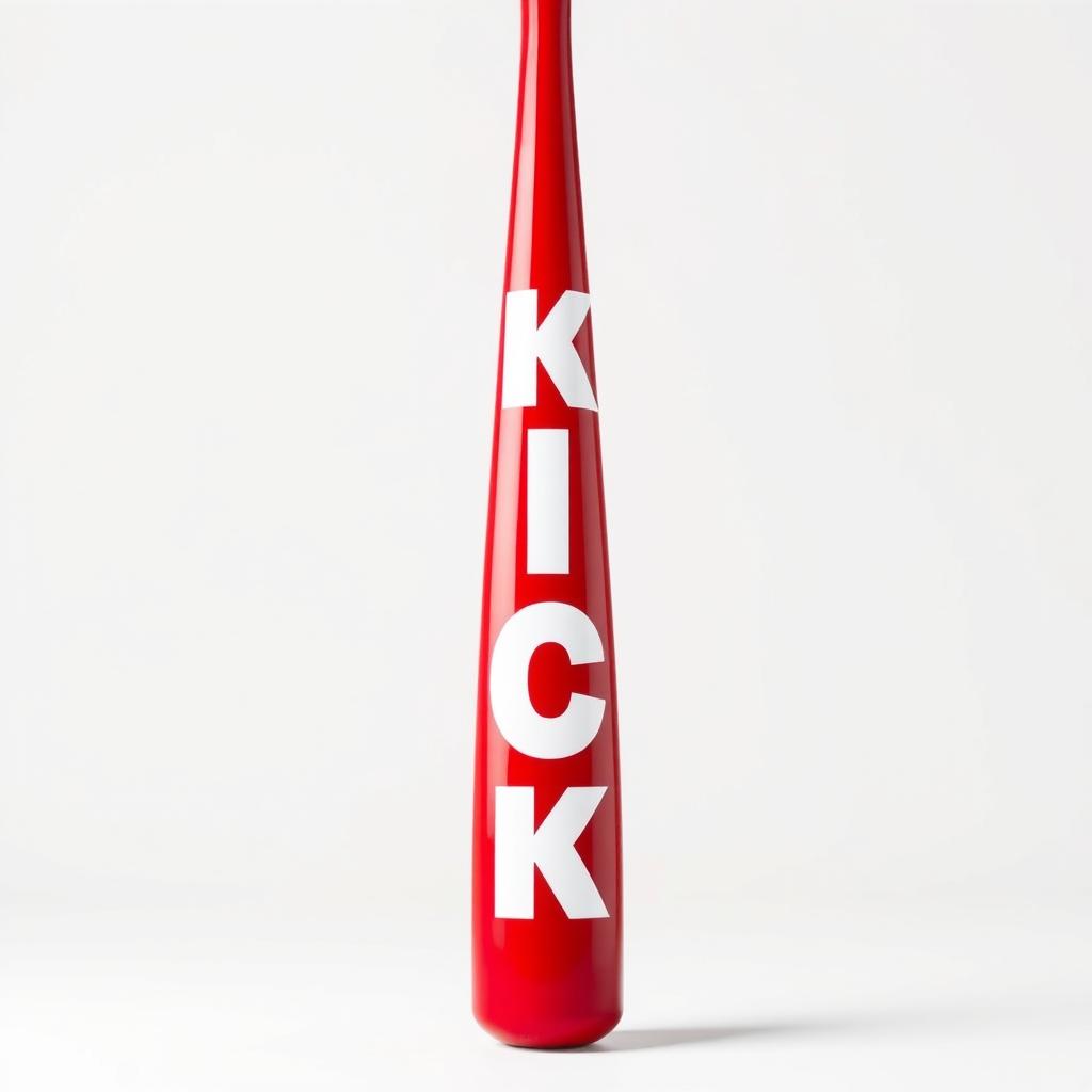 A full view of a vibrant red baseball bat prominently displaying bold white letters that spell out "KICK"