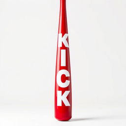 A full view of a vibrant red baseball bat prominently displaying bold white letters that spell out "KICK"