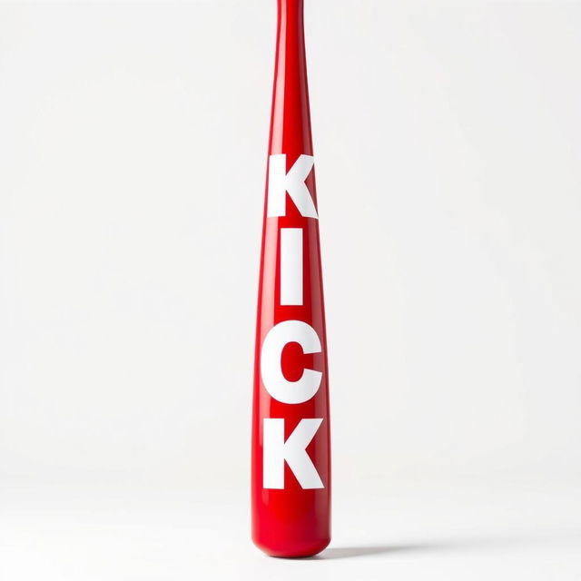 A full view of a vibrant red baseball bat prominently displaying bold white letters that spell out "KICK"