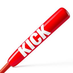 A full view of a vibrant red baseball bat prominently displaying bold white letters that spell out "KICK"