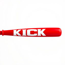 A full view of a vibrant red baseball bat prominently displaying bold white letters that spell out "KICK"