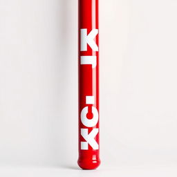 A complete full view of a bright red baseball bat prominently featuring bold white letters that spell out "KICK"