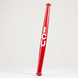 A complete full view of a bright red baseball bat prominently featuring bold white letters that spell out "KICK"