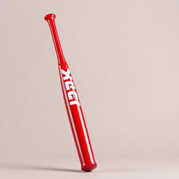 A complete full view of a bright red baseball bat prominently featuring bold white letters that spell out "KICK"