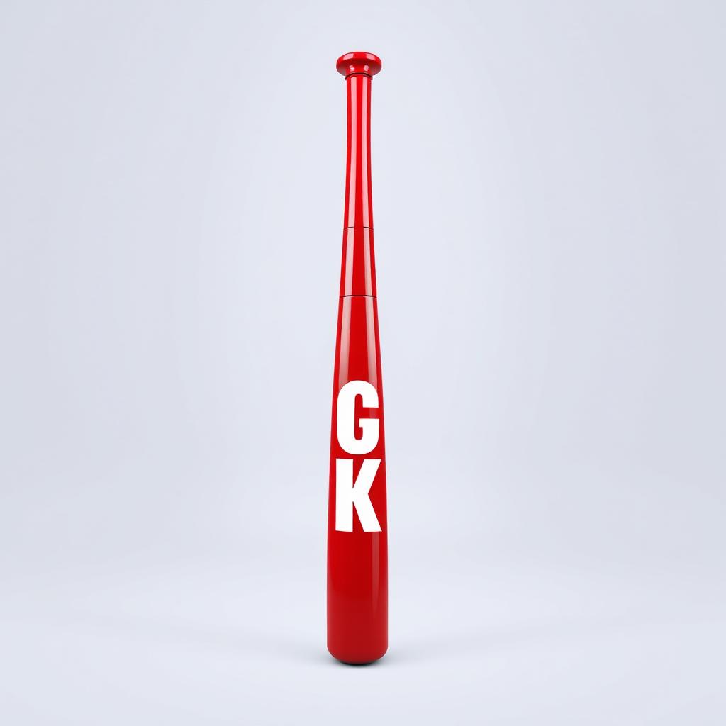 A complete full view of a bright red baseball bat prominently featuring bold white letters that spell out "KICK"