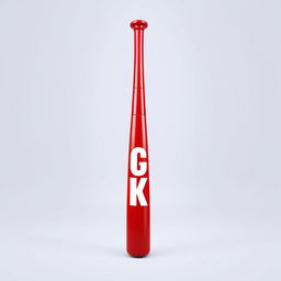 A complete full view of a bright red baseball bat prominently featuring bold white letters that spell out "KICK"