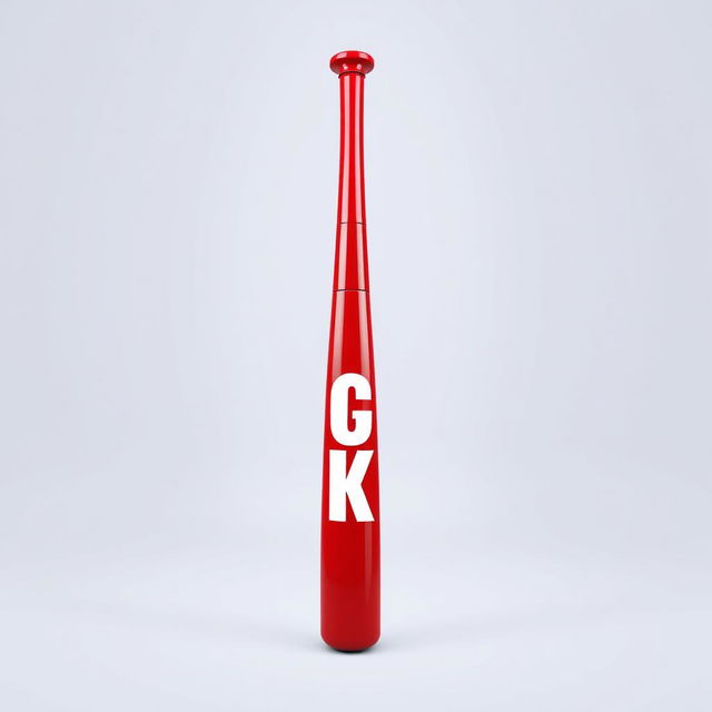 A complete full view of a bright red baseball bat prominently featuring bold white letters that spell out "KICK"