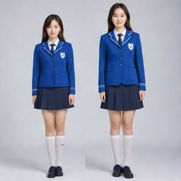 A Korean school uniform in blue color, featuring a school badge with 'MDC' engraved on the right side near the heart area. The uniform includes a mini skirt. Displayed in full-body view.